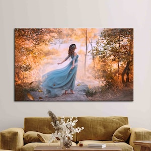 Cartel de mujer hermosa, obra de arte de paisaje de otoño, arte de lienzo abstracto, lienzo de arte de mujer, arte de mujer en el bosque, arte de lienzo de niña,