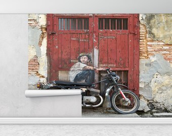 Abstract Wall Painting, Children On Bike Wall Paper, George Town Wall Poster, Modern Wallpaper, Graffiti Wall Decor,