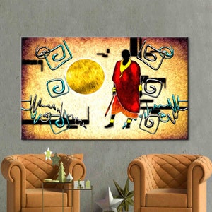 African Man Painting, Sunset Landscape Art, Ethnic Art, African Art Canvas, Gold Sun Art Canvas, African Landscape Art, Black Man Poster,