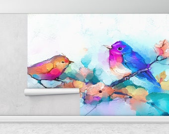 Arte de pared de papel, papel tapiz moderno, pintura de pared colorida, papel tapiz personalizado, decoración de pared contemporánea, decoración de pared de pájaros coloridos,