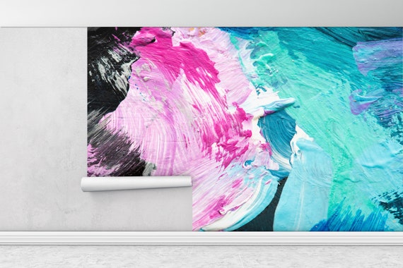 Pink & Blue Abstract Brush Strokes Wallpaper Mural