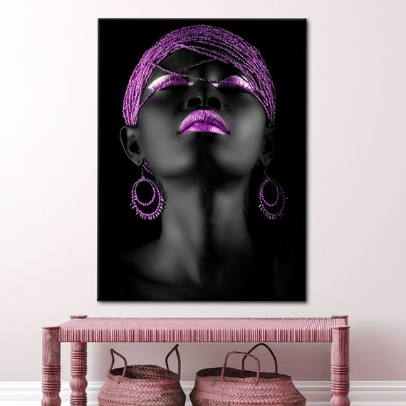 Shimmery Canvas, African Woman Art, Purple Lip Artwork, Luxury Wall Art, Purple And Black Art Canvas, Ethnic Artwork,