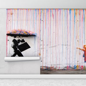 Pintura de papel de pared, decoración de pared de paraguas, pintura de pared de calle, papel de pared abstracto, mural de pared bajo la lluvia,