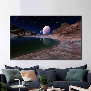 Paisaje espacial, arte de la pared del paisaje, arte de la pared del paisaje del cosmos, lienzo de arte de la vista, arte de la pared del paisaje del planeta, paisaje de la naturaleza impreso,