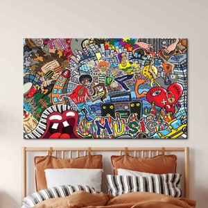 Abstract Music Wall Art, Colorful Printed, Colorful Graffiti Canvas, Music Graffiti Canvas Art, Graffiti Canvas Art, Music Printed,