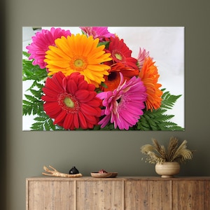 Decoración de pared roja, cartel botánico, arte de pared rosa, cartel colorido de flores de gerbera, arte de decoración de oficina, regalo de inauguración de la casa, arte de pared costera,