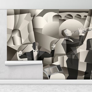 Paris Jazz Cafe, Paper Wall Art, Wall Paper Peel and Stick, Custom Wall Paper, Contemporary Mural, Jazz Wall Print,