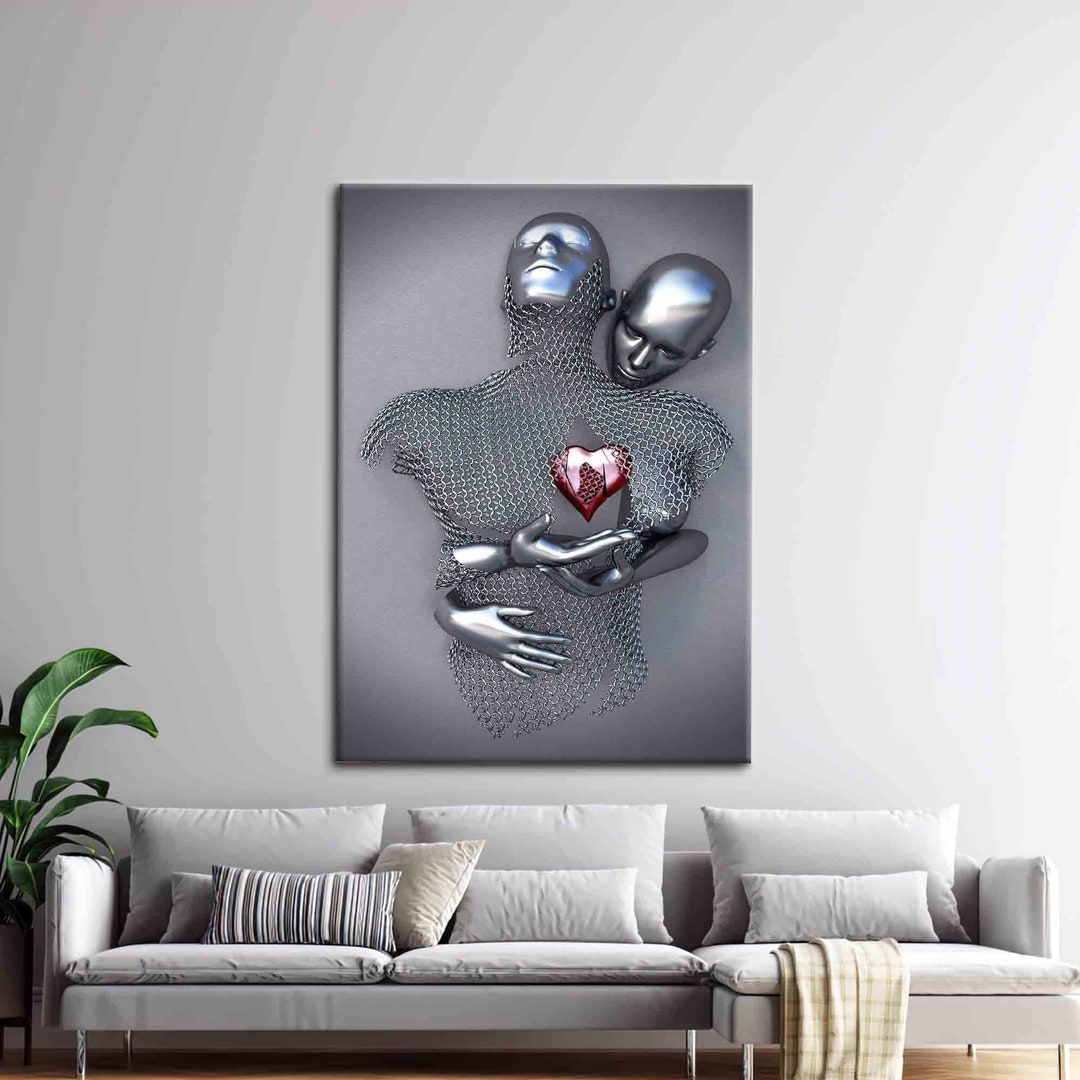 3d Silver Couple, Bedroom Wall Decor, Modern Wall Art, Abstract Canvas