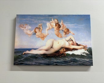 May include: A painting of a nude woman reclining on a wave with her long red hair flowing in the water.  Five cherubs are flying above her, holding seashells and flowers.