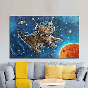 Lienzo de arte de gato abstracto, lienzo de arte del cosmos, arte infantil, arte de pared espacial, arte de lienzo de gato lindo, lienzo de arte de gato astronauta, decoración de pared de animales,