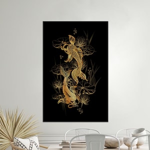 Carpes koï et symboles asiatiques de lotus, carpes koï et décoration murale de lotus, cadeau de toile, art mural surdimensionné, décoration d'intérieur en toile, poteau de toile de carpes koï