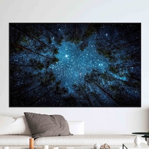 Sternenhimmel Print, 3D Ansicht, Wald Landschaft Leinwand, Nachthimmel Poster, Moderne Kunst, Trendige Wand Dekoration, Home Decor,