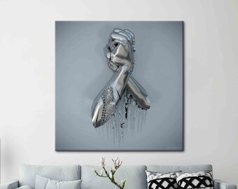 3d Silver Hand, Contemporary Canvas, 3d Silver Metallic Art, Trendy Art, Abstract Artwork, Modern Artwork, Metallic Hand Printed,