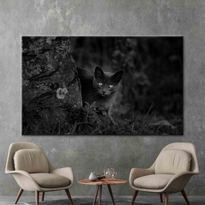 黒猫の写真プリント、猫の壁アート、黒のアートキャンバス、猫好きへのギフトプリント、自然風景プリント、動物の壁飾り、
