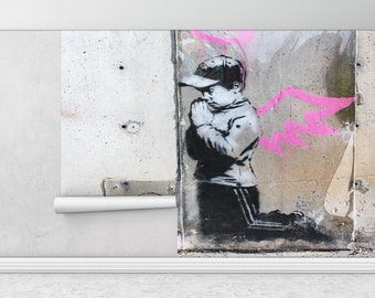 Banksy Boy Wall Print, Street Wallpaper, Banksy Wall Print, Banksy Pink Wings Wall Painting, Banksy Graffiti Wallpaper,