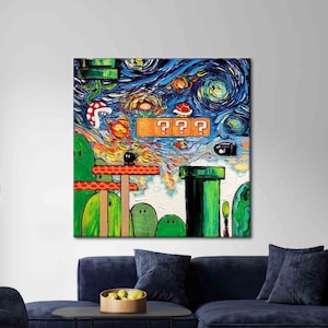 Mario World Van Gogh, Super Mario Wall Art, Abstract Wall Art, Modern Printed, Starry Night Wall Art, Van Gogh Canvas,