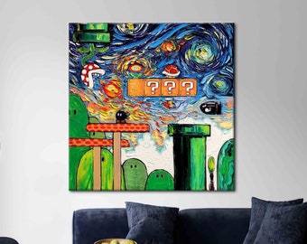 May include: A painting of a video game level inspired by the famous Starry Night painting by Vincent van Gogh. The level features a green pipe, a question block with three question marks, and a mushroom. The background is a swirling blue sky with stars.