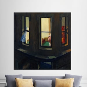 May include: A painting depicting a building with three windows. The windows are illuminated from within, revealing a room furnished with a sofa, a chair, and a rug. The building is painted in shades of brown and black.
