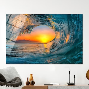Ocean Wall Decor,Glass Art Gift,Surfer Wave Glass,Sunset Glass Art,Glass Custom For Art,Tempered Glass,Wave Wall Decor, image 2