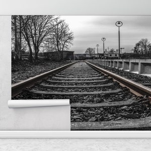 Train Station Wall Mural, Train Track Wall Paper, Railroad Wall Paper, Landscape Wallpaper, Railroad Wall Poster,