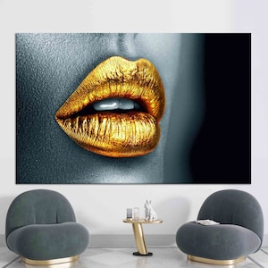 Gold Lip Wall Decor, Wall Decor, Canvas Gift, Sexy 3D Canvas, Gold Lipstick, Large Canvas, Sensual Poster, Modern Art Canvas, Mature Art