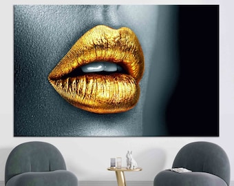 Gold Lip Wall Decor, Wall Decor, Canvas Gift, Sexy 3D Canvas, Gold Lipstick, Large Canvas, Sensual Poster, Modern Art Canvas, Mature Art