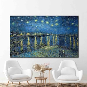 Lienzo de Van Gogh "Noche estrellada sobre el Ródano", impresión de algodón para pared, pintura clásica famosa para decoración del hogar o la oficina.