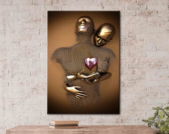 Metallic Couple With Heart, Silver Canvas, Modern Poster, Bedroom Canvas, Romantic Couple Artwork, Abstract Printed,