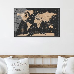 Décoration murale carte du vieux monde, impression sur verre moderne, toile carte du monde vintage, art mural de style ancien, décoration de voyage noir et beige