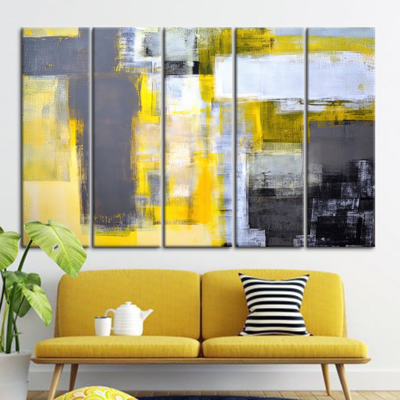 Yellow and Gray Painting Trendy Art Minimal Canvas Modern Etsy