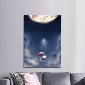 Sueños de la infancia, decoración de la pared del espacio de los niños, decoración de la pared del cielo estrellado, lienzo de la vista del cielo de los niños, cartel de niño lindo, decoración de la pared de los niños, decoración de la pared de la luna