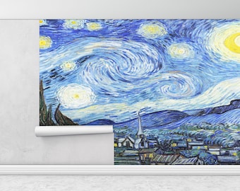 Impresión de pintura al óleo, arte de pared de reproducción, papel tapiz 3D, papel tapiz moderno, papel tapiz despegable y adhesivo, papel tapiz de noche estrellada,