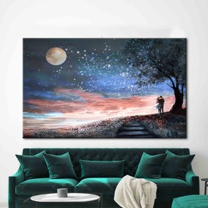 Cielo estrellado impreso, lienzo de arte de paisaje de árbol, arte de pared de regalo de pareja, lienzo de San Valentín, cartel de pareja, cartel de paisaje nocturno, arte de pared de vista,