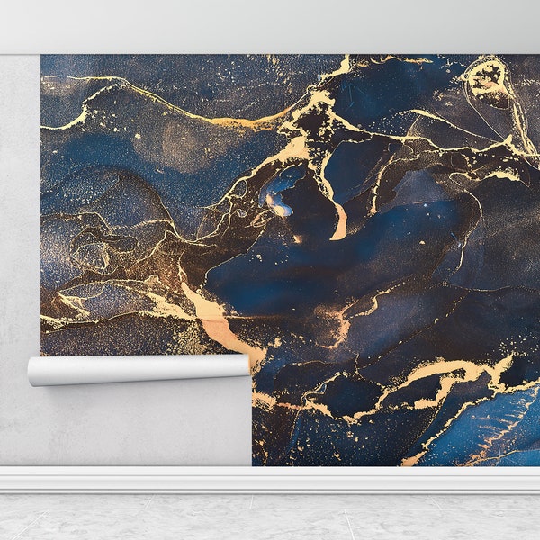 Navy Blue And Gold Marble, Luxury Marble Wallpaper, Modern Marble Wall Poster, Navy Blue Wallpaper, Modern Wall Decor, Shimmery Wall Mural,