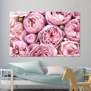Impresión en lienzo de flor de peonía rosa, arte floral romántico para pared para dormitorio o guardería, póster de algodón shabby chic, regalo para el Día de la Madre, decoración de pared.