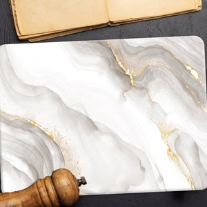 Marble Glass Cutting Board | White Grey Gold Design | Elegant Tempered Glass Chopping Board | Kitchen Decor Gift
