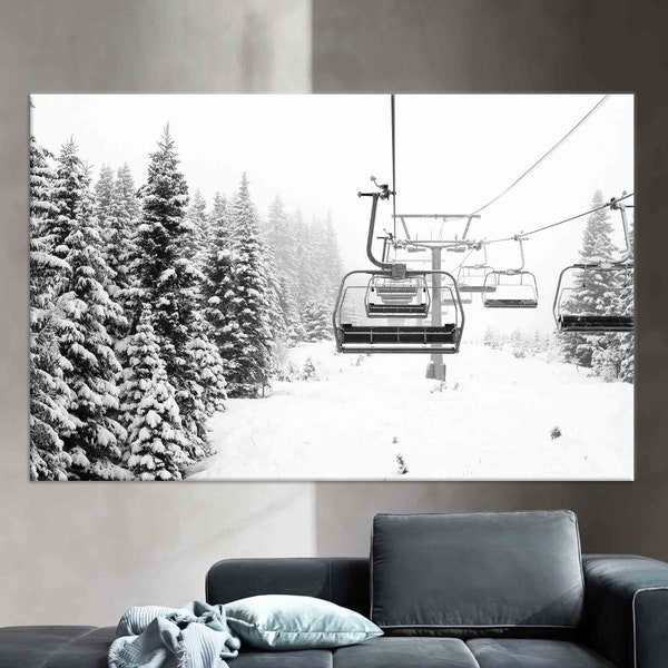 3D Wall Art, Winter Artwork, Canvas Wall Art, Ski Resort Art, Framed Wall Art, Landscape Poster, Skii Lift, Skier Gift Art,