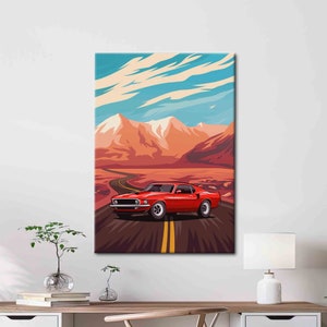 Red Car Canvas, American Printed, Classic Car Wall Art, American Muscle Wall Decor, Retro American Muscle Car Art, Red Car Poster,