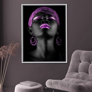 Shimmery Canvas, African Woman Art, Purple Lip Artwork, Luxury Wall Art, Purple And Black Art Canvas, Ethnic Artwork, image 2