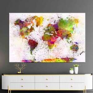 Tela de arte de parede, impressão em tela, tela grande, mapa mundi abstrato colorido, pôster de tela de mapa moderno, decoração de parede de mapa mundi colorido,