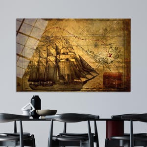 Arte de la pared de los piratas, decoración de la pared del mapa, arte de la pared del vidrio del mapa del tesoro de los piratas antiguos, vidrio templado del mapa antiguo, decoración de la boda, decoración de la pared de la oficina,
