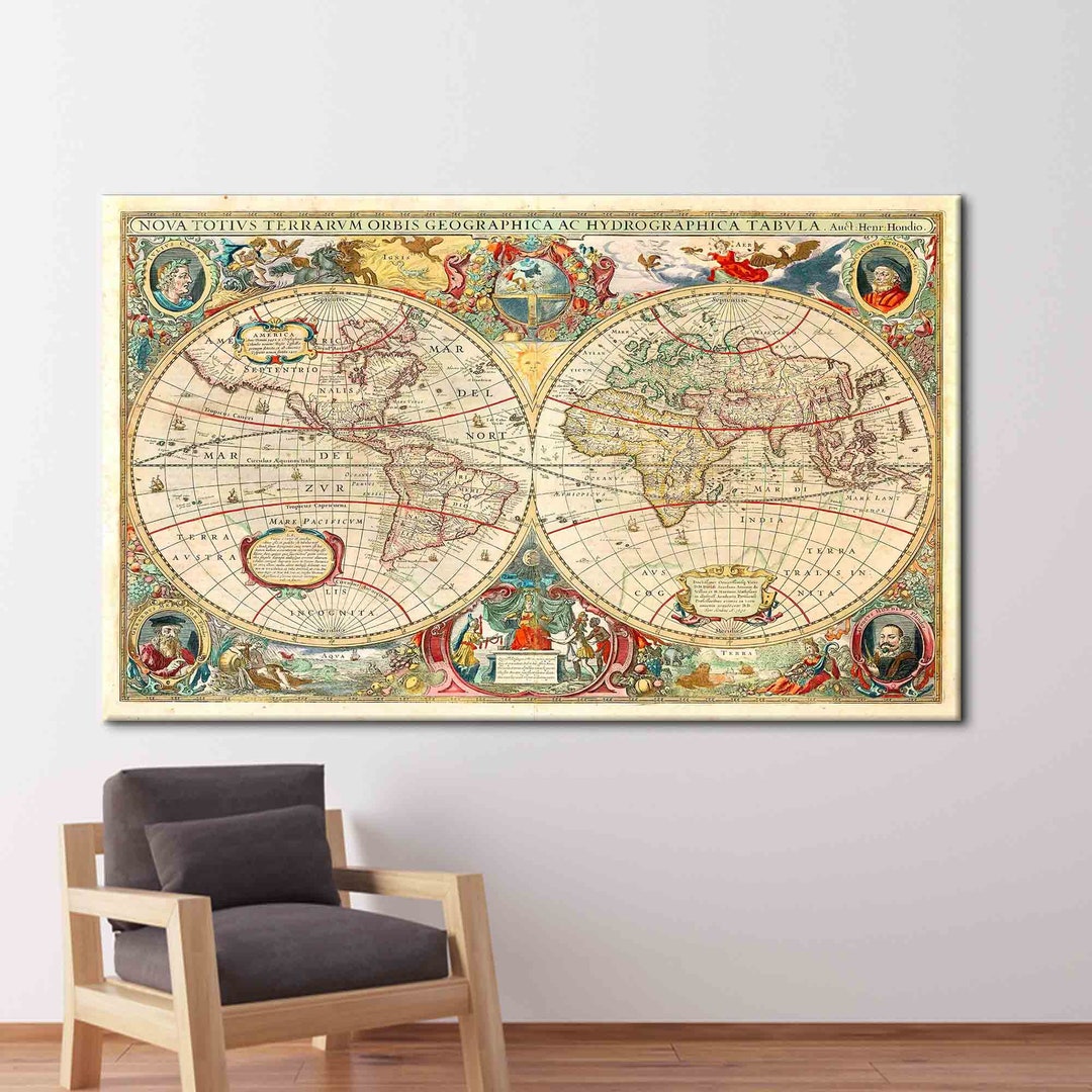 Antique World Map Wall Art, Old World Map Artwork, Vintage World Map