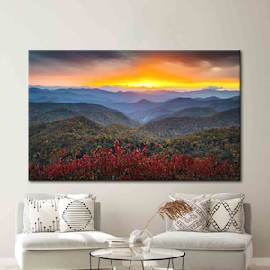 Lienzo de arte de paisaje natural, arte de pared de color de otoño, arte de pared de montaña, arte de puesta de sol, paisaje de montaña impreso, arte de otoño,