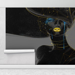 Donna nera con labbra dorate, murale murale nero e oro, murale luccicante, stampa murale donna africana, stampa murale labbra oro,