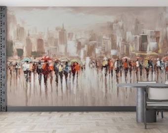 Papel de contacto, Pintura mural de personas con paraguas, Manualidades abstractas de papel, Papel tapiz moderno, Decoración de pared con paisaje urbano, Papel tapiz personalizado,