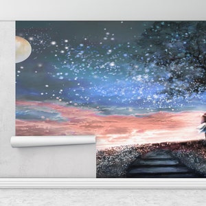Mural de pared de pareja, pintura de pared de vista, papel tapiz de paisaje de cielo, póster de pared de regalo de pareja, póster de pared de luna, papel de pared de amante,