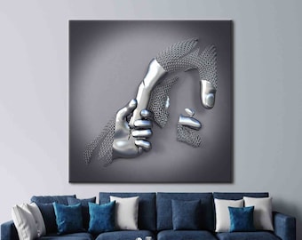 Metallic 3d Hand Canvas, Trendy Poster, Contemporary Printed, Modern Art, 3d Metallic Art Canvas, Silver Wall Art, Abstract Wall Art,