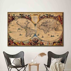 Mappa d'epoca Wall Art, Opere d'arte della scuola, Decorazione della parete dell'aula, Mappa stampata, Vecchia mappa stampata, Tela d'arte mappa d'epoca, Poster della mappa del mondo,