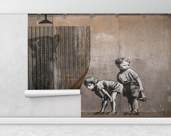Peeping Tom Boys Wall Mural, Banksy Wall Art, Banksy Woman Mural, Street Wall Paper, Painting Wall Mural, Graffiti Mural,