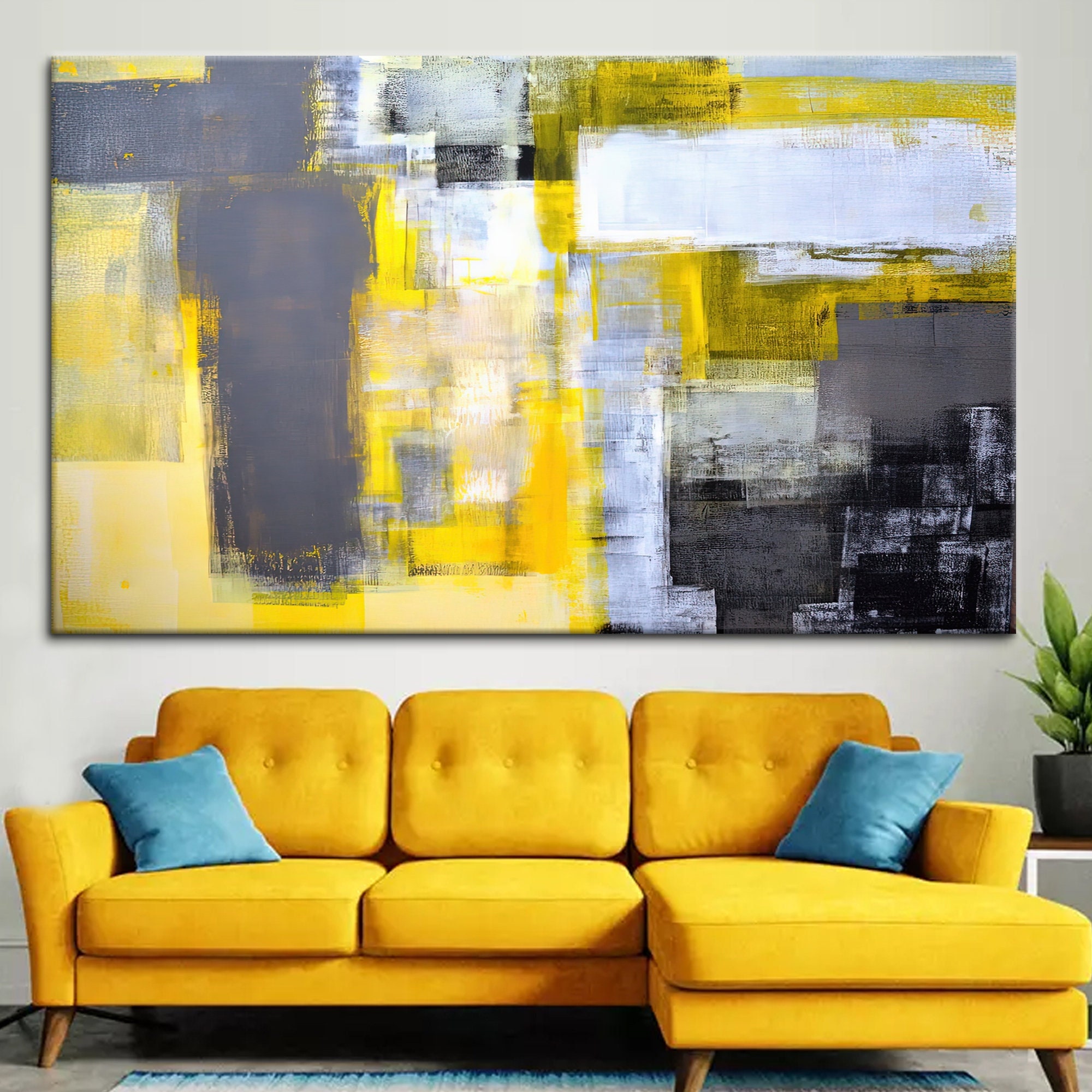 Yellow and Gray Painting Trendy Art Minimal Canvas Modern Etsy